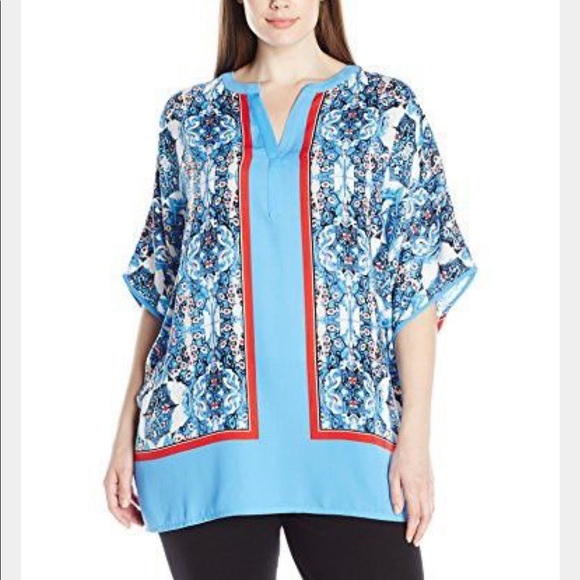 (Size 1X, 2X) Rafaella Blue Printed Slit Neck Top - Picture 3 of 10